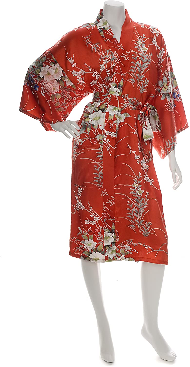 Price:$234.00 Japanese Silk Kimono Floral Print Short Red at Amazon Women’s Clothing store