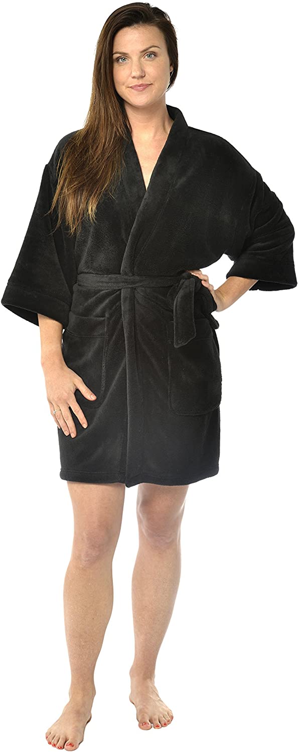 Price:$24.97 Leisureland Women's Plush Microfiber Fleece Kimono Short Robe Black at Amazon Women’s Clothing store  Bathrobes