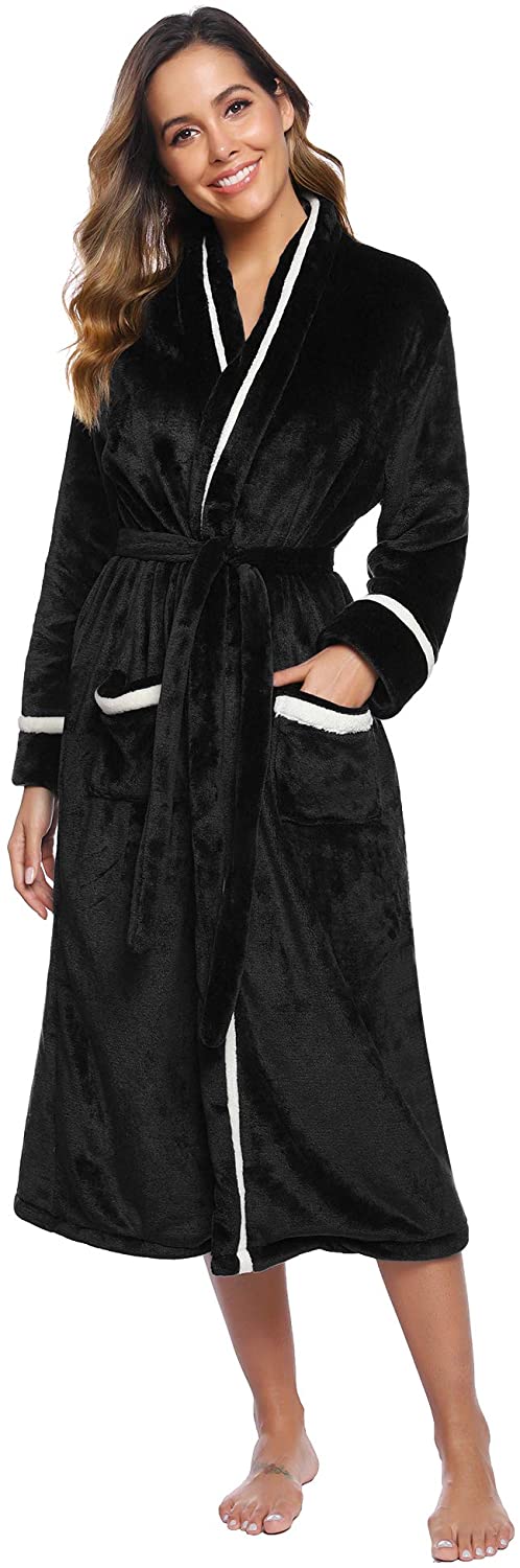 Price:$34.98 Aibrou Women's Plush Fleece Robe with Waist Belt Women Long Robe Bathrobe Winter housecoats Black at Amazon Women’s Clothing store