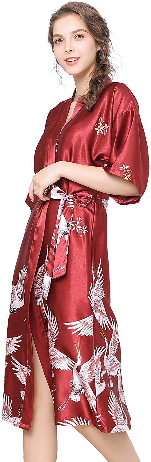 Price:$19.98 EZ-Joyce Japanese Kimono Cardigan Women Satin Ladies Dressing Gown Long Robe Luxurious White Crane Pattern Nightwear Bathrobe at Amazon Women’s Clothing store