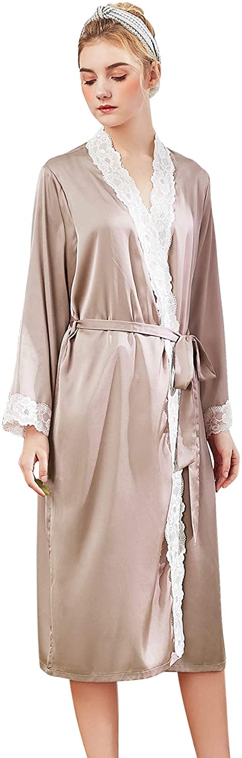 Price:$23.99 LAPAYA Women's Satin Kimono Robe Lace Trim Long Sleeve Bridesmaid Bathrobe for Wedding Party at Amazon Women’s Clothing store