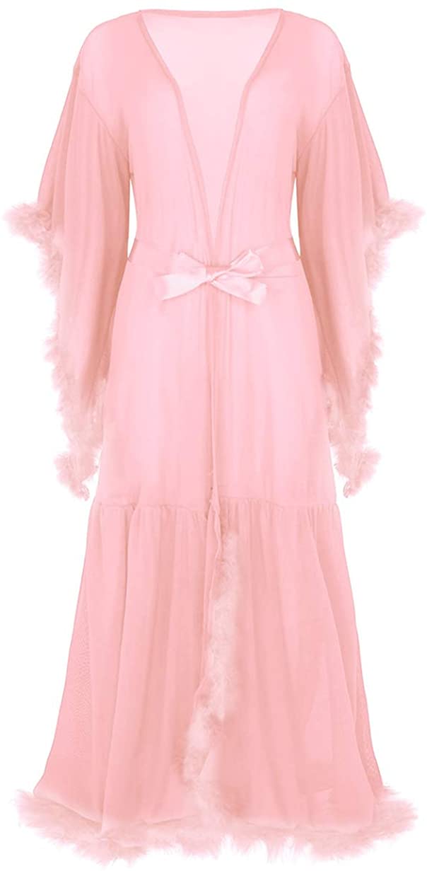 Price:$18.95 Yeahdor Sexy Illusion Long Lingerie Robe Nightgown Bathrobe Sleepwear Feather Bridal Robe Wedding Scarf for Women Coral Pink One Size at Amazon Women’s Clothing store