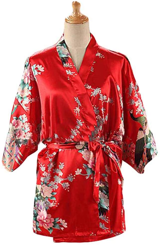 Price:$21.77    Panda Legends Red - Short Women's Pajamas Silk-Like Bathrobe Kimono Robe Peacock/Blossoms  Clothing