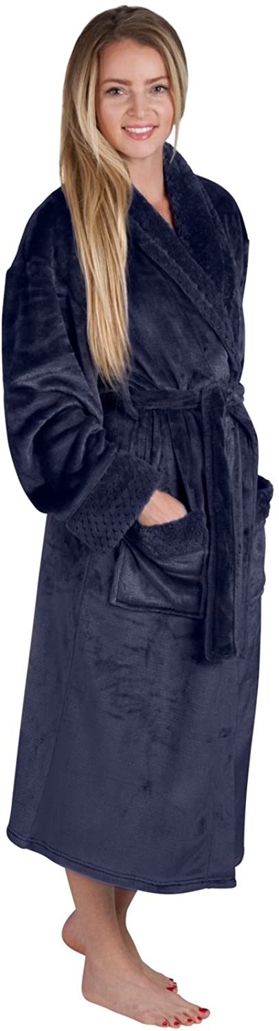 Price:$39.97 Women's 48" Spa Style Full Length Robe with Velvet Collar & Cuffs Plus Sizes Avail. (3X, Indigo Blue) at Amazon Women’s Clothing store