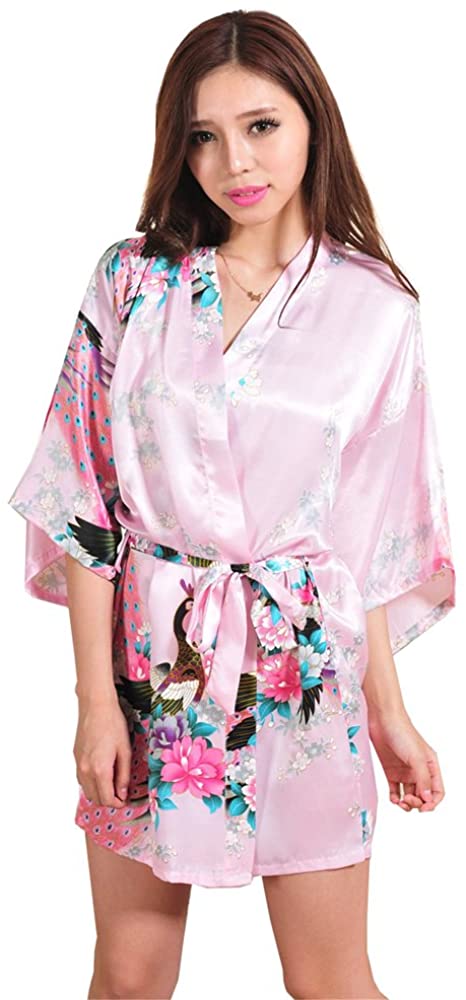 Price:$12.99 Women's Peacock Kimono Robes Satin Short Style V-Neck Robe Short Sleeve for Wedding (Pink, X-Large) at Amazon Women’s Clothing store