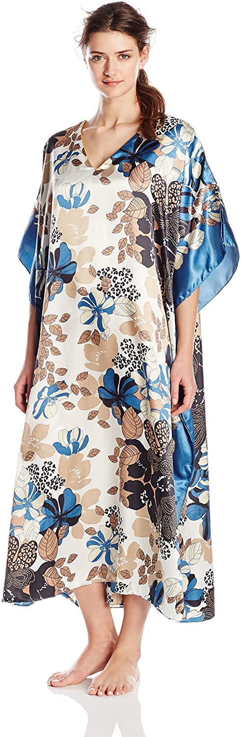 Price:$12.39 Cinema Etoile Women's Printed Satin Caftan with Border Side Panels, Turquoise, One Size at Amazon Women’s Clothing store