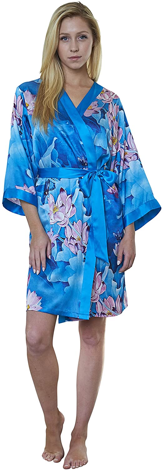 Price:$156.00 Dynasty Robes 100% Silk, Women's Printed Short Robe with Kimono Collar-Lotus Garden-Blue at Amazon Women’s Clothing store