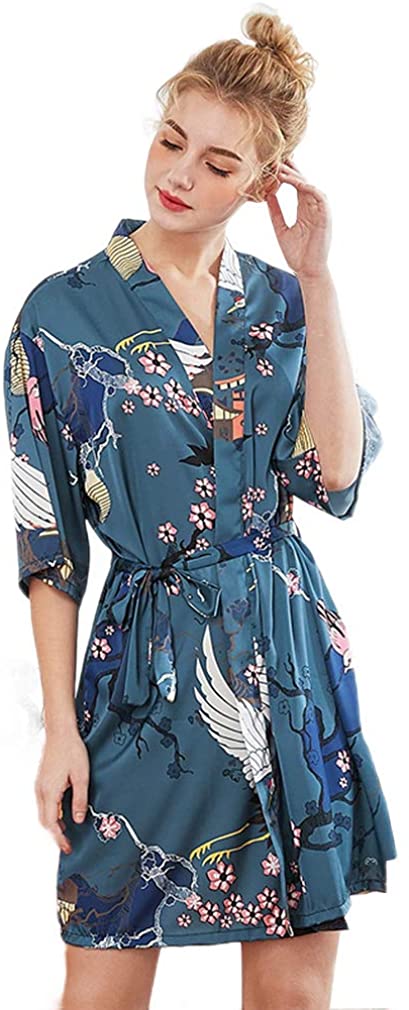 Price:$13.99 Women's Floral Print Wrap Front Satin Kimono Robes Sexy Nights Long Pajamas at Amazon Women’s Clothing store