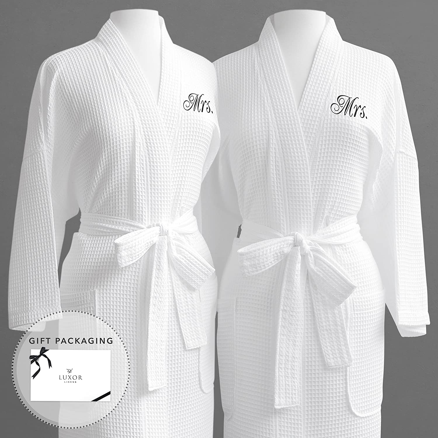 Price:$89.99    Luxor Linens Same-Sex Couple's Waffle Weave Bathrobe Set 100% Egyptian Cotton-Unisex/One Size Fits Most-Spa Robe,Luxurious,Plush,Elegant Script Embroidery Mrs./Mrs with Gift Packaging  Clothing