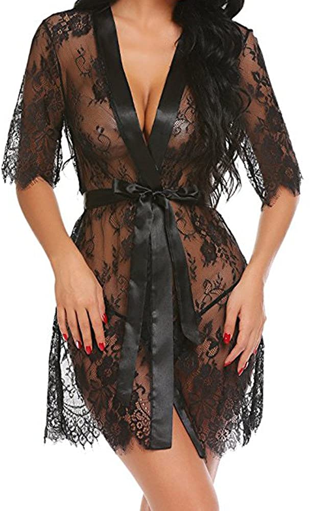 Price:$4.00    OrchidAmor Women Girls Soft Nightgowns Lace Dress Lingerie Kimono Robe Eyelash Lace Babydoll Sheer Nightwear Bath Robe Black  Clothing