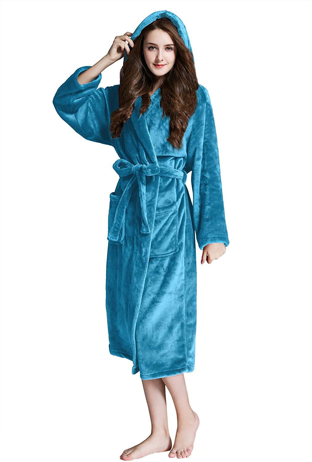 Price:$34.99 Whoyun Plush Robes for Women, Fleece Hooded Bathrobe Long Shawl Collar Soft Luxurious with Belt Side Pockets at Amazon Women’s Clothing store