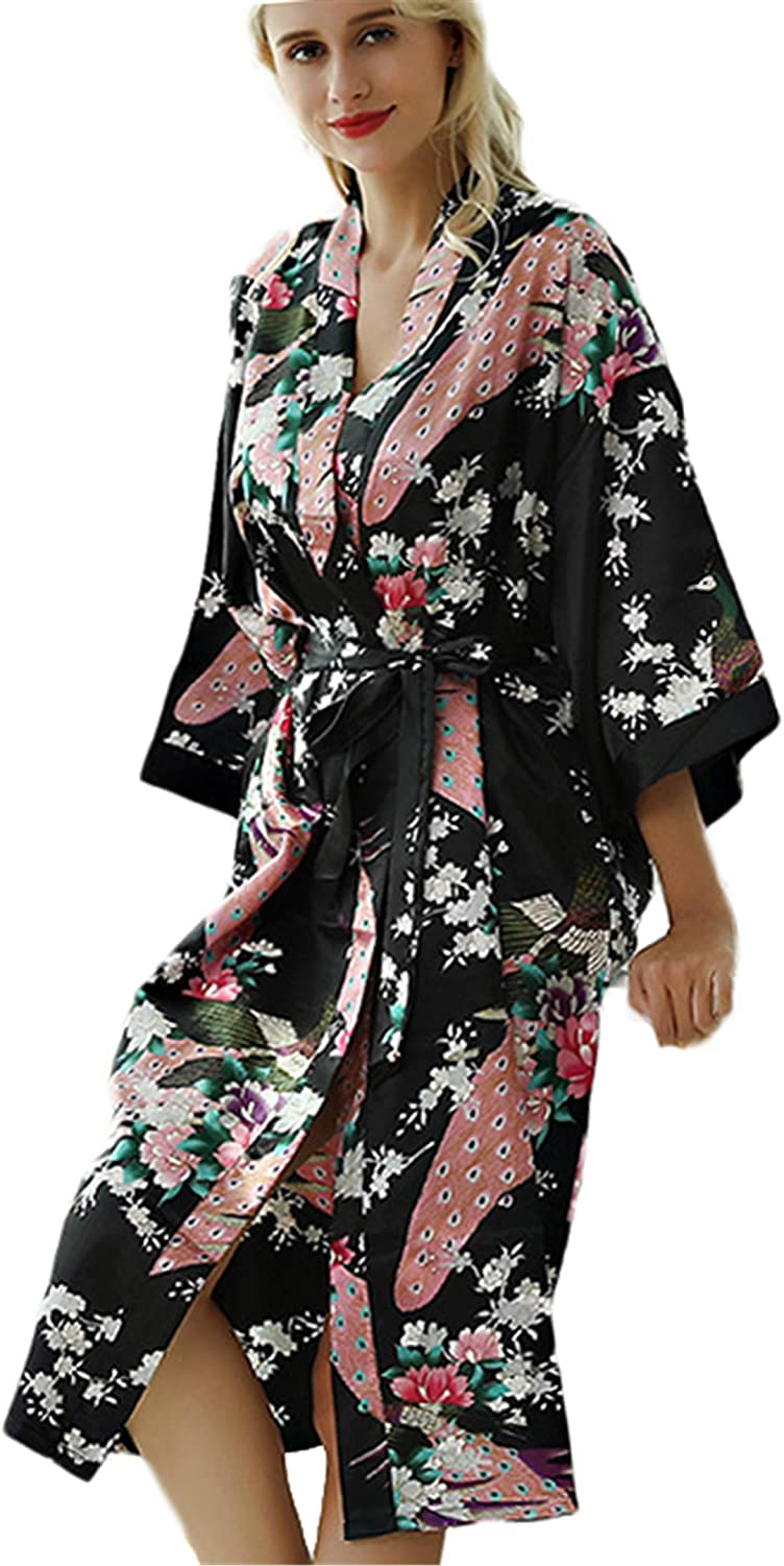 Price:$0.99 Soluo Women's Kimono Robe Long Printed Kimono Wrap Front Satin Robes Sexy Nights Pajamas Sleepwear Bathrobe at Amazon Women’s Clothing store