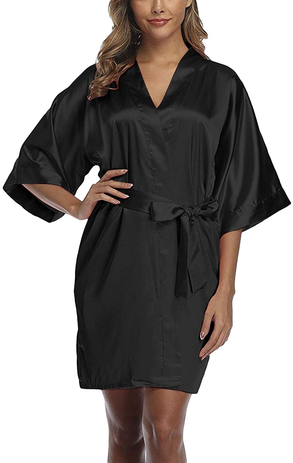 Price:$19.99 Womens Short Sleeve Satin Robes Silky Pure Color Short Lingerie Bridesmaid Kimono Robe Soft Bathrobe Sleepwear at Amazon Women’s Clothing store