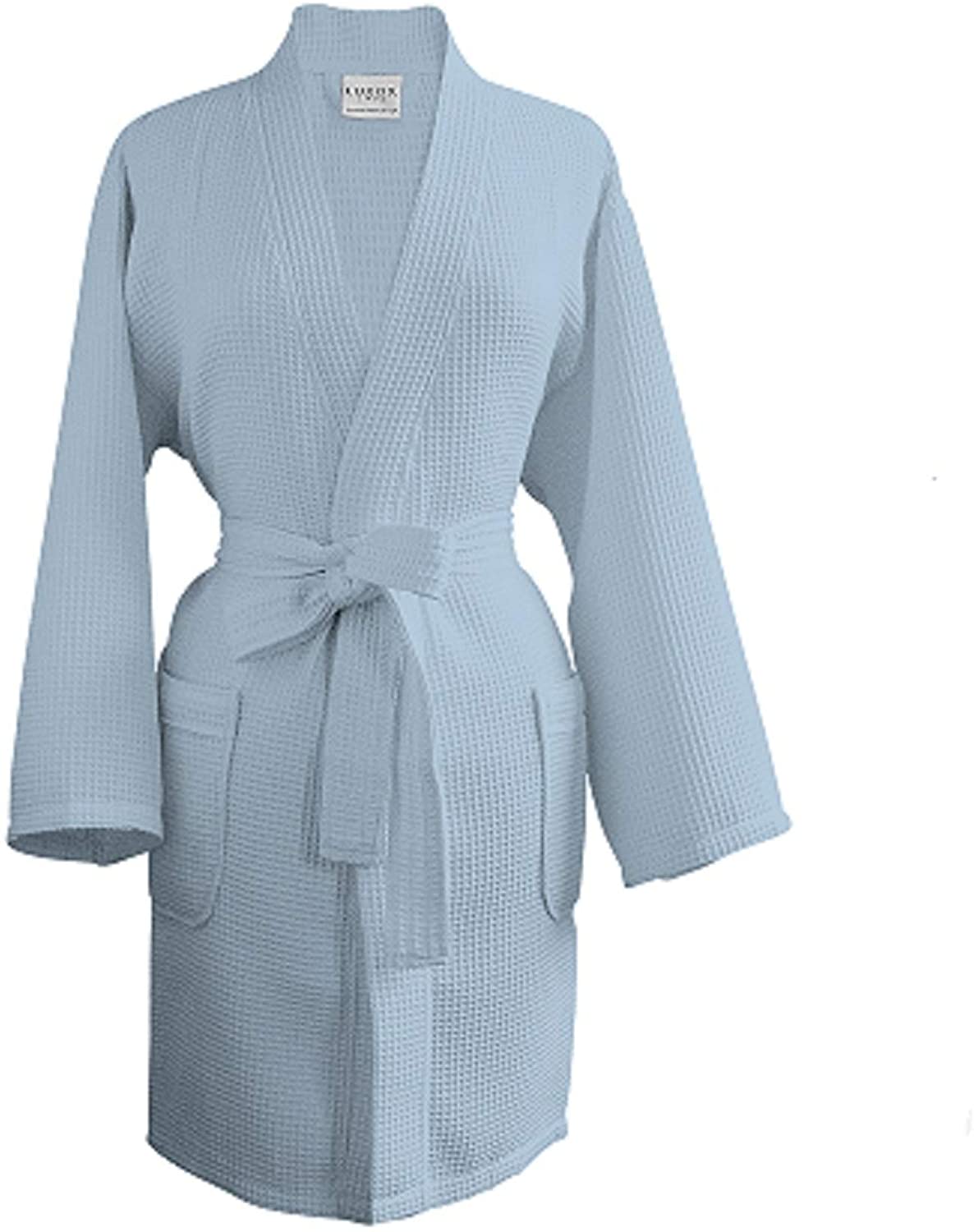 Price:$39.99 Luxor Linens Kimono Waffle Robe - Rebecca Collection - Comfortable and Elegant from Soft Egyptian Cotton (Light Blue) at Amazon Women’s Clothing store