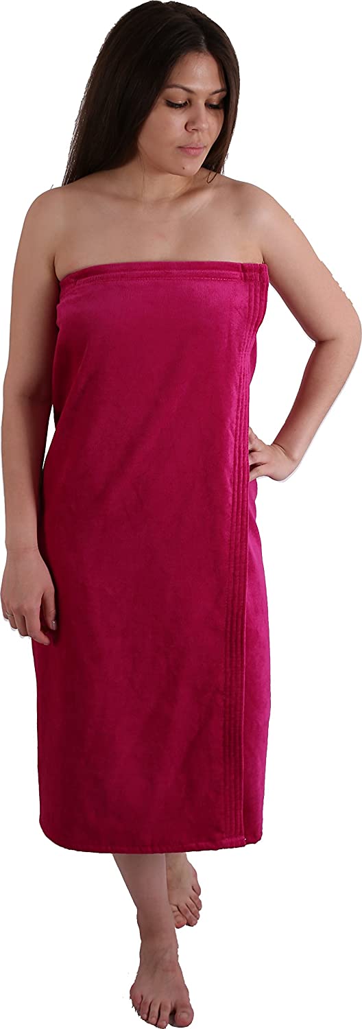Price:$19.95 Extra Soft Velour Women ' s Spa Wrap - 100% Cotton Spa, Shower, Bath and Gym Towel w Snaps - Long Size at Amazon Women’s Clothing store