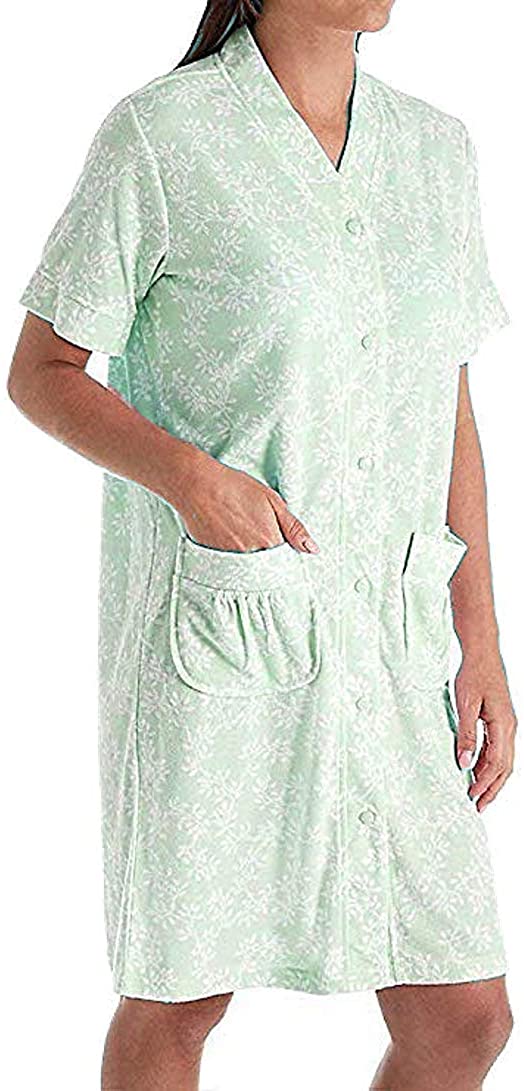 Price:$39.97 Miss Elaine Women's Short Sleeve Vine Print Terry Snap-Front Robe (Small, Aqua Vines) at Amazon Women’s Clothing store