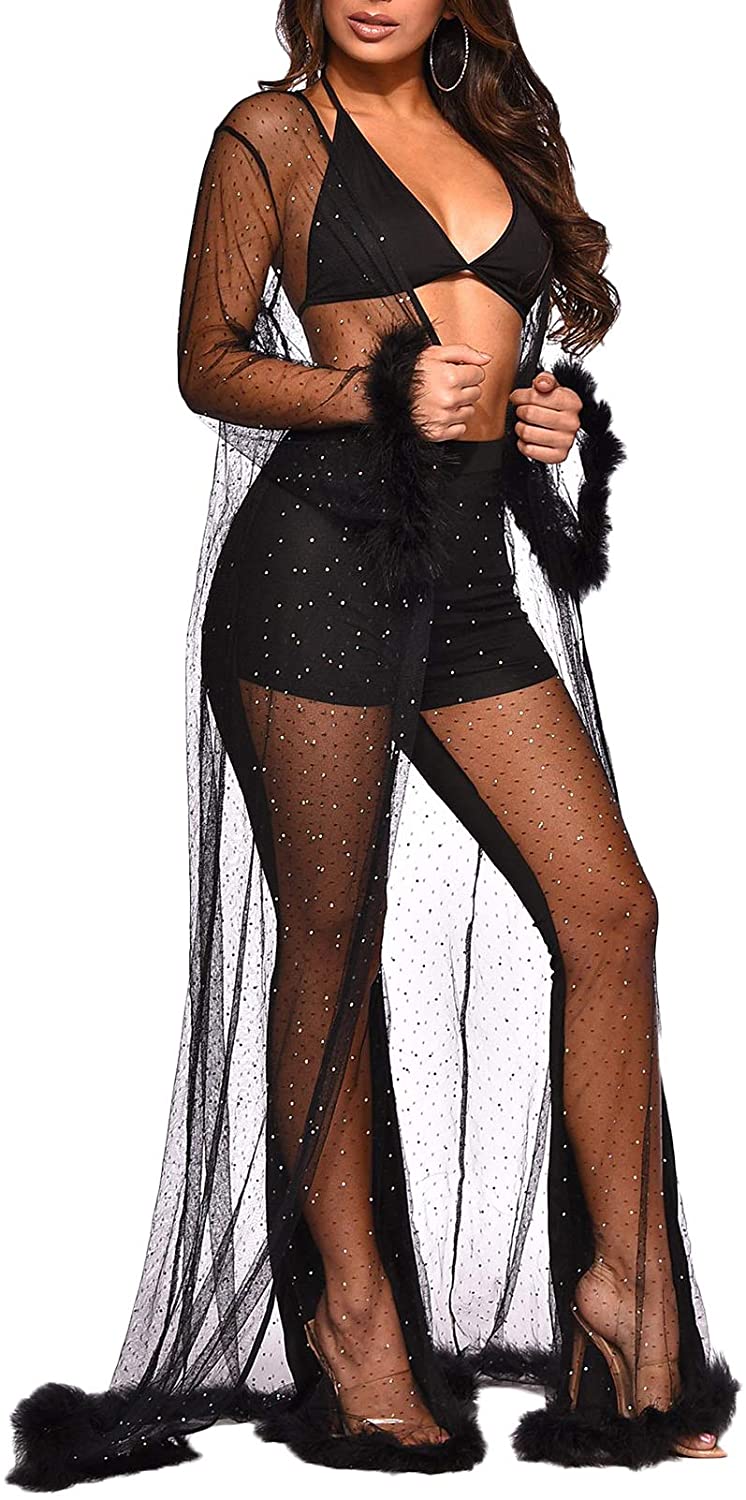 Price:$13.98 Womens Sexy Sequin See Through Long Lace Dress Sheer Mesh Gown Kimono Robe with Plush at Amazon Women’s Clothing store
