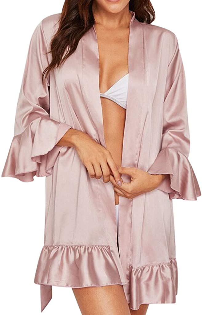 Price:$8.69 Goldweather Women Short Satin Robe Sleepwear Ruffle Sleeve Silky Kimono Bathrobe House Loungewear at Amazon Women’s Clothing store