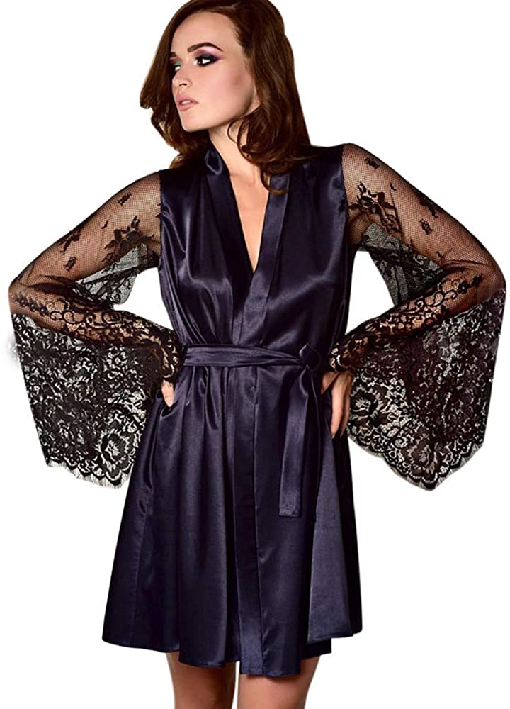 Price:$6.74 SSYUNO Women Fashion Sexy Sleepwear Lingerie Long Sleeve Lace Temptation Belt Underwear Nightdress Bridesmaid Robe at Amazon Women’s Clothing store