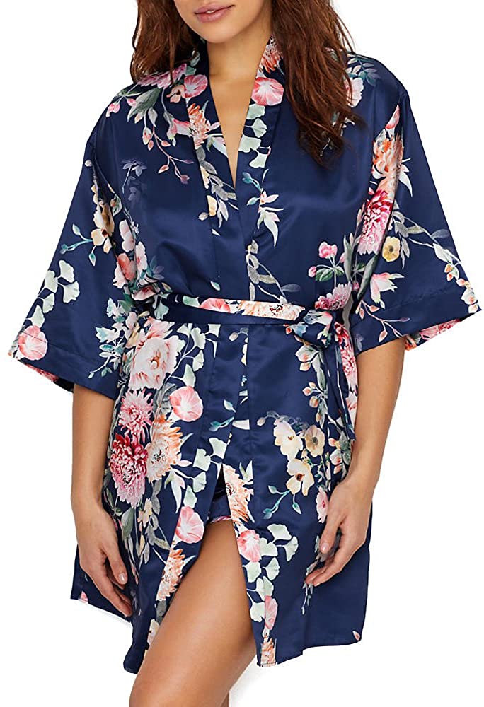 Price:$40.60 FLORA NIKROOZ Womens Short Satin Robe (Midnight, Small/Medium) at Amazon Women’s Clothing store