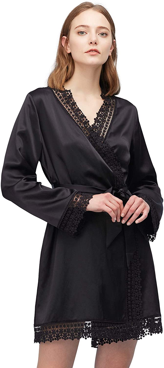 Price:$249.00 LilySilk Silk Robe for Women 100% Silk 22 Momme with Lace Trim Elegant Bathrobe at Amazon Women’s Clothing store