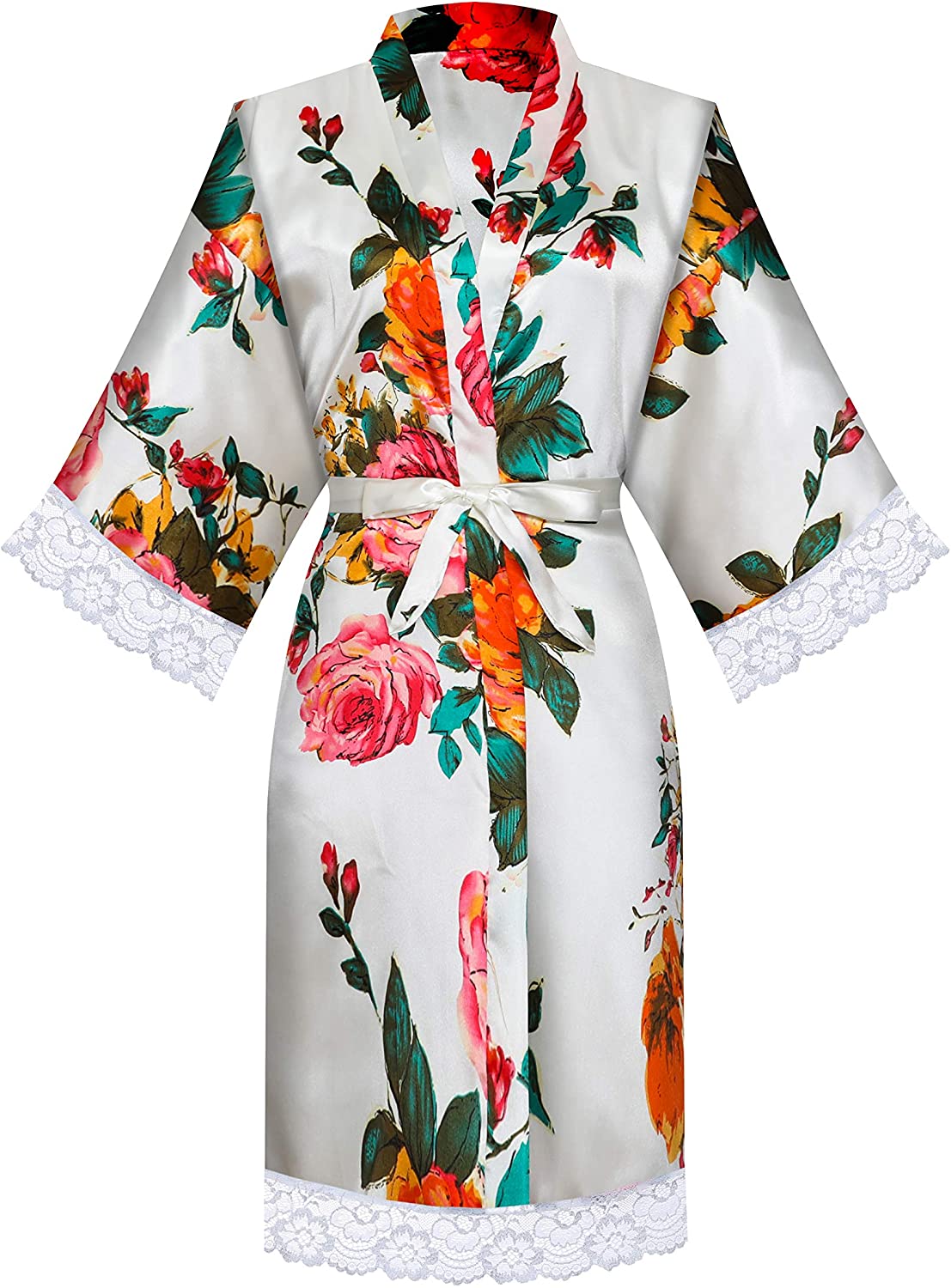 Price:$13.99 MORFORU Women Bride Bridesmaid One Size Silky Satin Peony Kimono Robe Sleepwear with Lace for Wedding Party Getting Ready, Short (White) at Amazon Women’s Clothing store