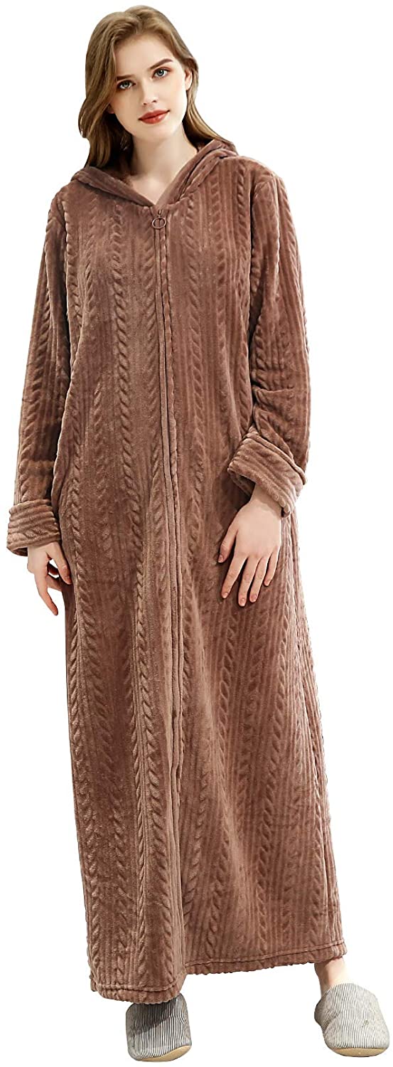Price:$35.99 FEOYA Womens Zip Robe with Hood Fuzzy Long Bathrobe Fleece Warm Housecoats Soft Plush Flannel Nightgown at Amazon Women’s Clothing store