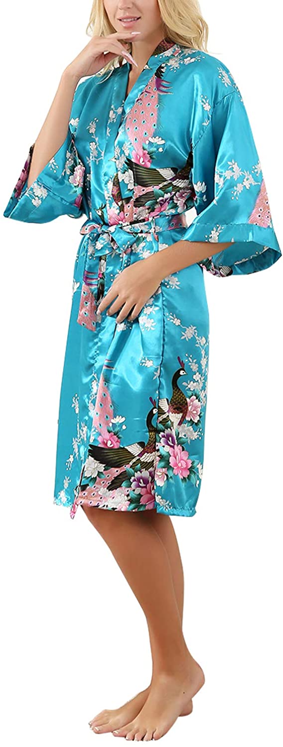 Price:$15.99    Plus Size Satin Kimono Robe for Women Knee Length Silk Printed Peacock Robe for Wedding Bridesmaid Party Turquoise  Clothing
