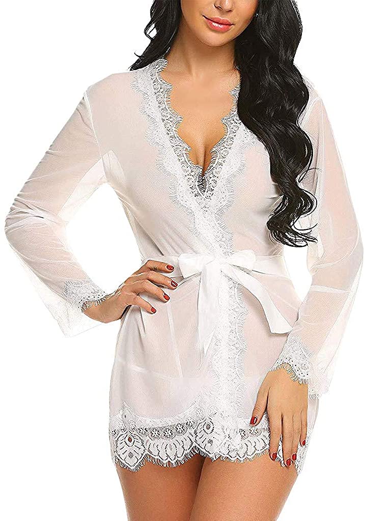 Price:$0.01 HDGTSA Women's Lingerie Underwear Lace Pajamas Midnight Mesh Bath Robes with Thong Belt at Amazon Women’s Clothing store