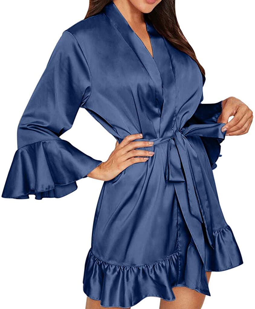 Price:$1.29 BITOPYTOPSIY Women's Lace Trim Robes Satin Bridesmaids Short Soft Silk V-Neck Lingerie Sexy Nightwear Bathrobe Sleepwear at Amazon Women’s Clothing store