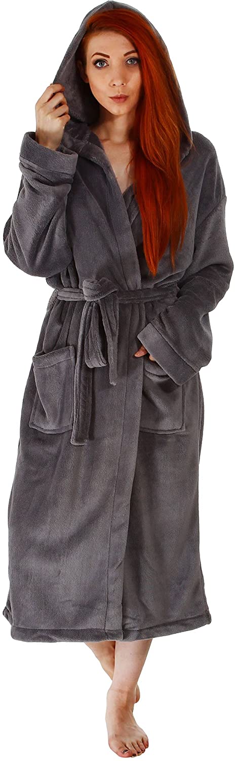 Price:$29.99 Women's Hotel Fleece Terry Pocketed Bathrobe Robe with Hood, Grey at Amazon Women’s Clothing store