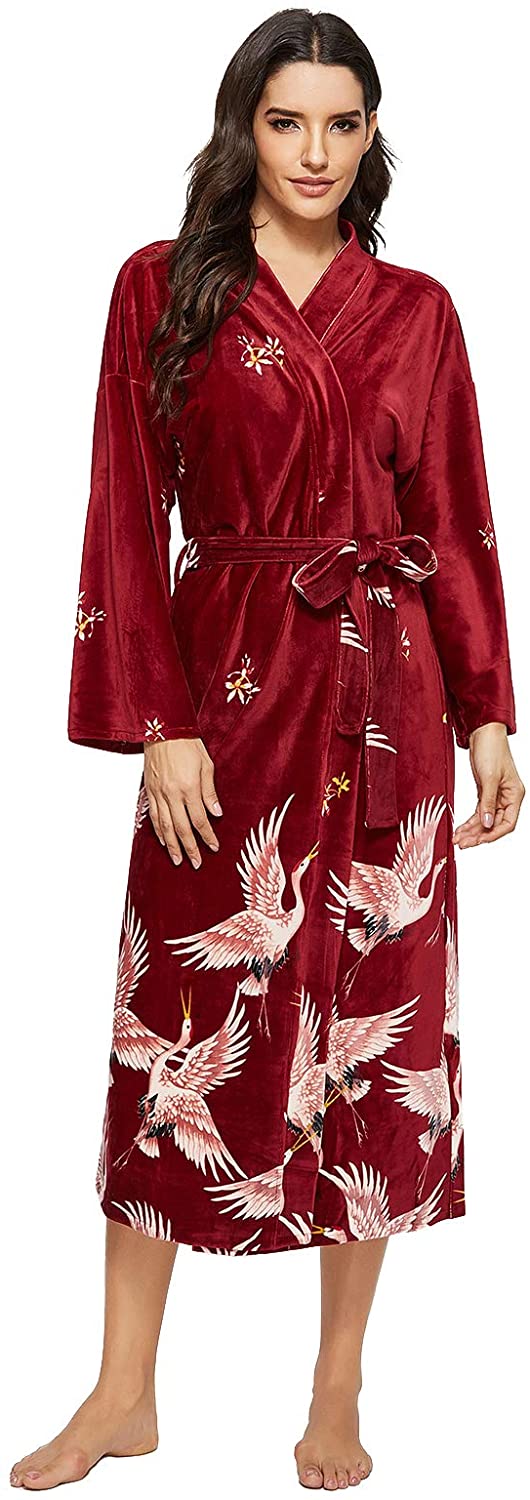 Price:$32.99 HOUSEPLANT Womens Kimono Robes Velvet Long Robe Printed Bathrobe Soft Sleepwear Party Loungewear at Amazon Women’s Clothing store