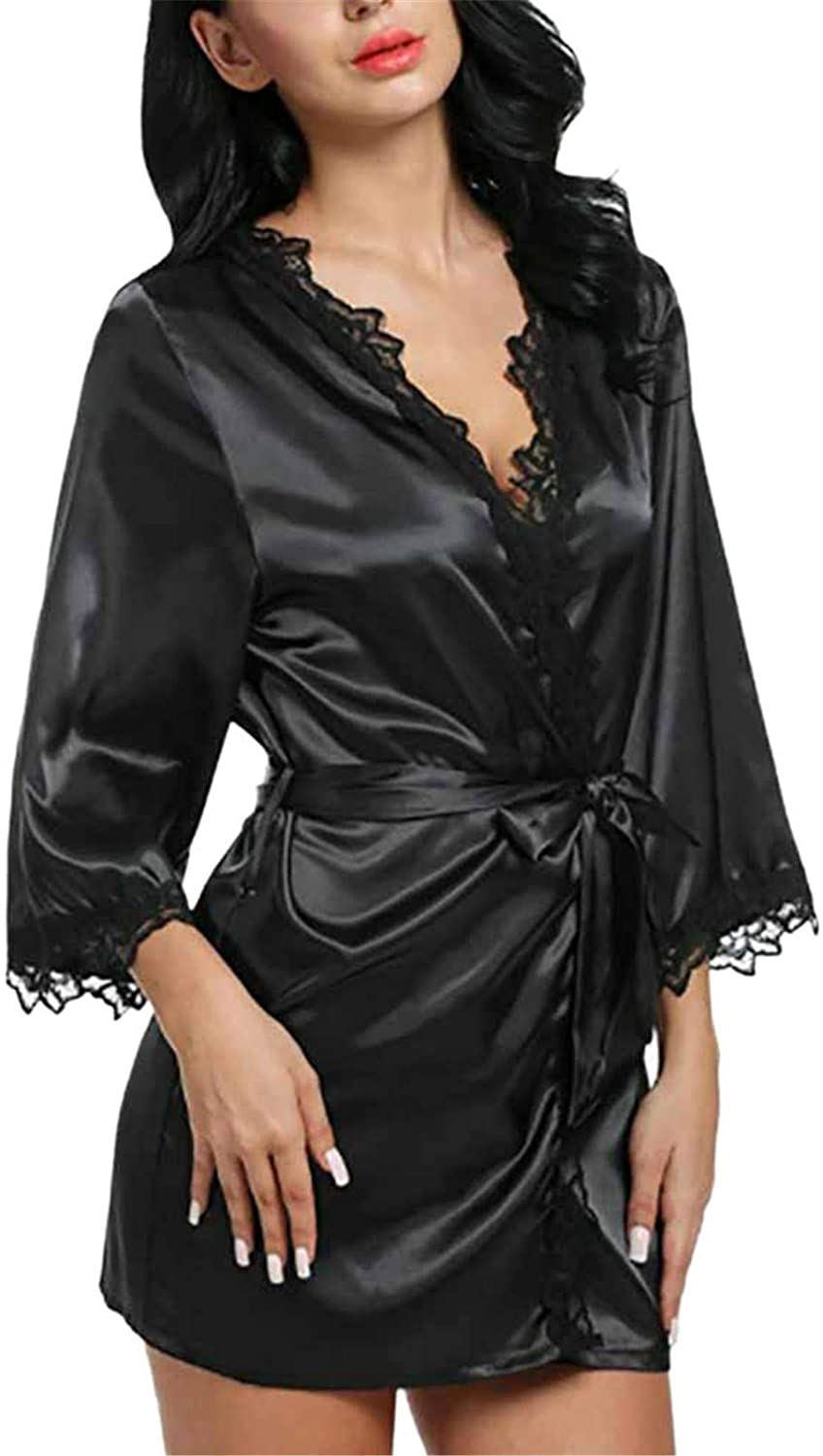 Price:$0.19 Sexy Women Lingerie Simulation Silk Kimono Robes Lace Trim Pajamas Nightgown Sleepwear Lingerie for Ladies at Amazon Women’s Clothing store