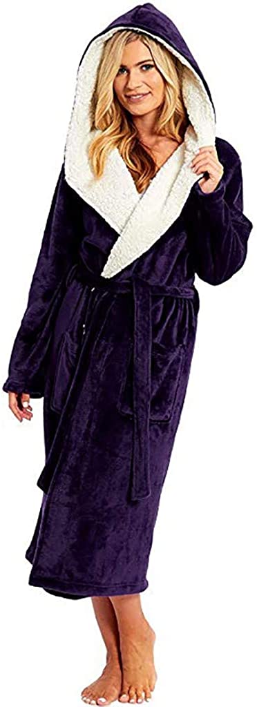 Price:$7.99 SPORTTIN Women's Warm Fleece Robe Soft Sherpa-Lined Hooded Bathrobe Long Sleeve Warm Nightdress at Amazon Women’s Clothing store