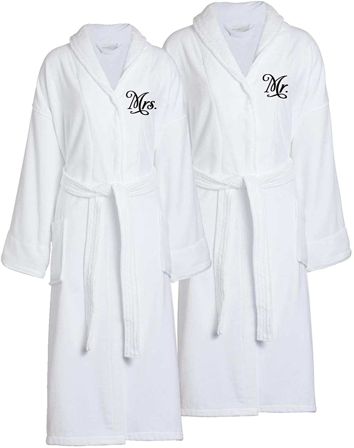 Price:$180.00 Mr. and Mrs. Terry Velour Spa Robe Set of 2 Black, White at Amazon Women’s Clothing store