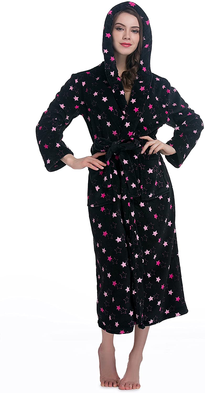 Price:$31.99 Lavenderi Womens Fleece Robe, Long Hooded Bathrobe at Amazon Women’s Clothing store