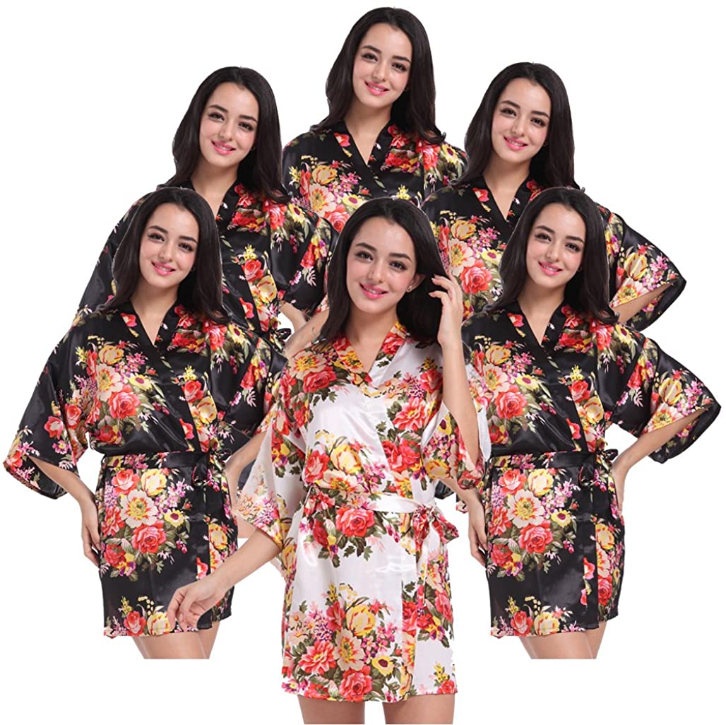 Price:$89.99 Set of 4-10 Women's Kimono Floral Robes for Bride and Bridesmaid Wedding Party Satin Robes Short at Amazon Women’s Clothing store