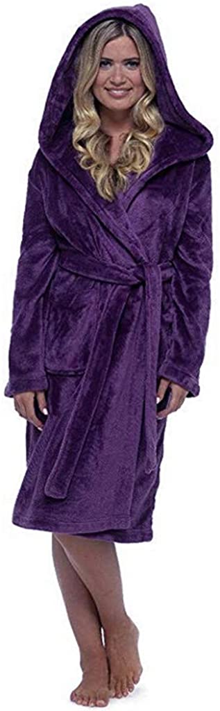 Price:$8.88 Bsjmlxg Women Plush Robe Fluffy Fleece Long Soft Pajama Winter Hood Bathrobe Front Pockets House Loungewear with Belt at Amazon Women’s Clothing store