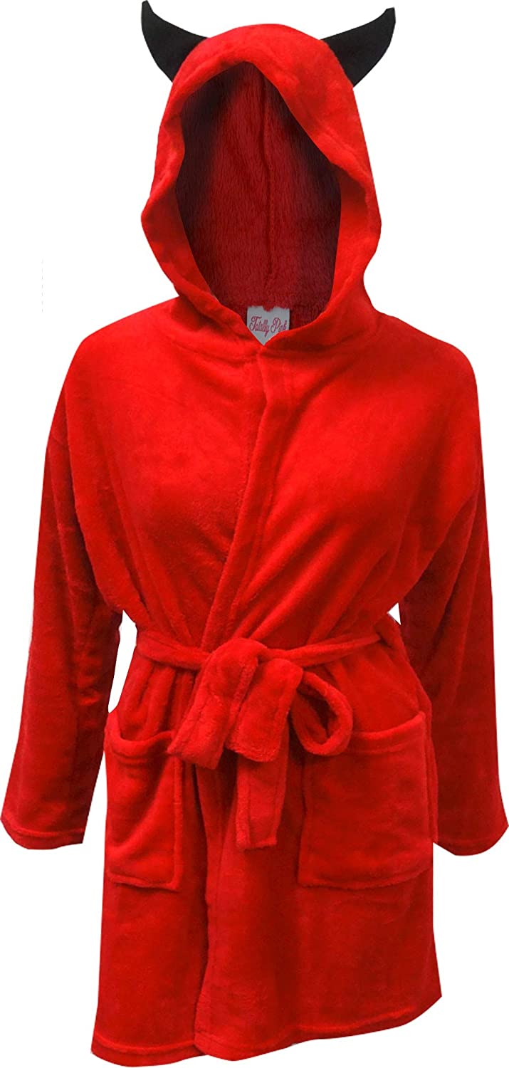 Price:$32.00 Totally Pink! Women's Little Red Devil Hooded Plush Robe at Amazon Women’s Clothing store