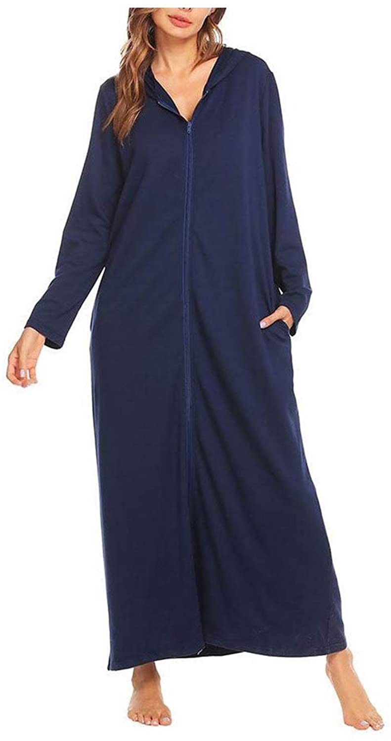 Price:$37.99 Women Sleepwear Long Robe Long Sleeve Dressing Gown Zip Front Hooded Bathrobe Spa Bathroom Kimono Robes Homewear at Amazon Women’s Clothing store