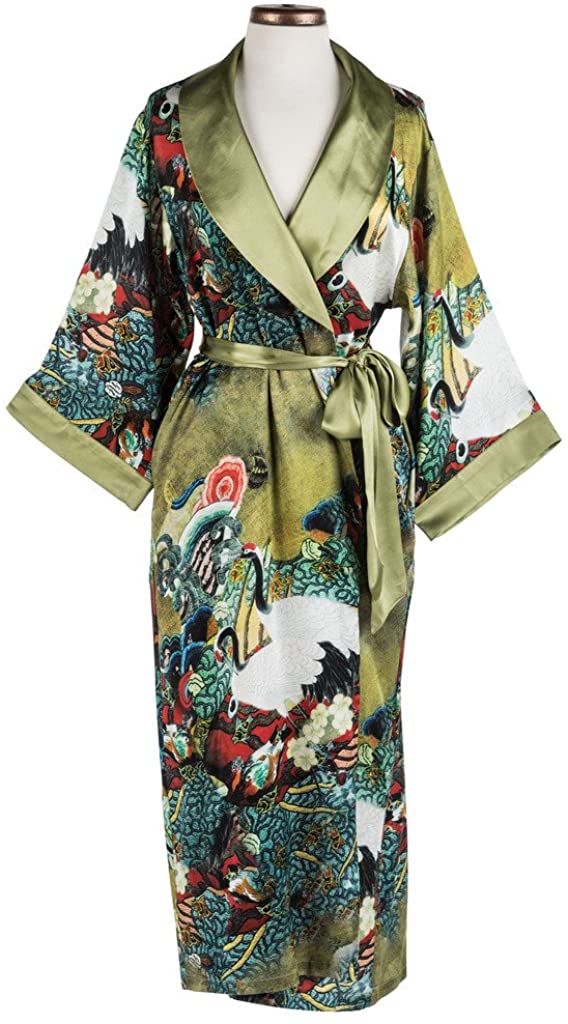 Price:$174.00 Dynasty Robes 100% Silk, Women's Printed Long Robe with Shawl Collar-Vintage Cranes at Amazon Women’s Clothing store