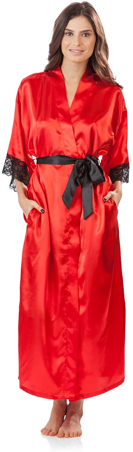 Price:$29.99 Ashford & Brooks Women's Satin Lace Trim Long Kimono Robe - Red - X-Large at Amazon Women’s Clothing store