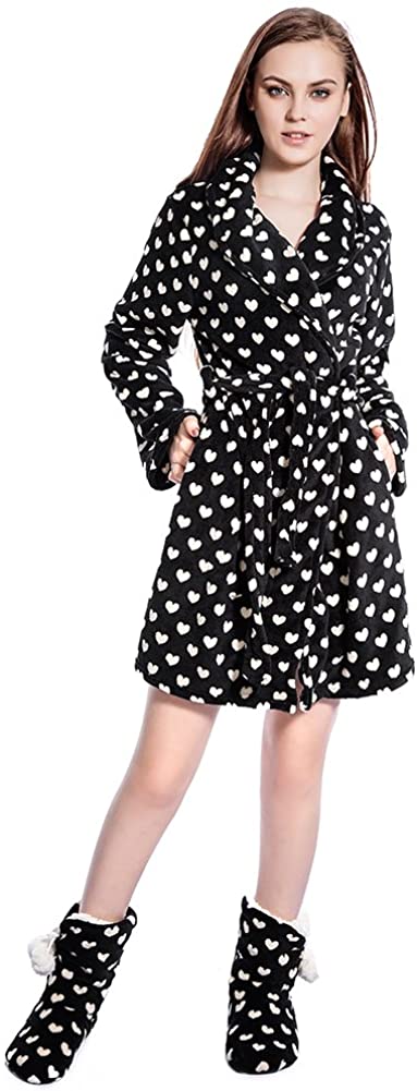 Price:$21.60 FRALOSHA Ladies Bathrobe Stylish Bathrobe and Boots Wool Slippers, A Set of Warm Wnter Clothing (Black) at Amazon Women’s Clothing store