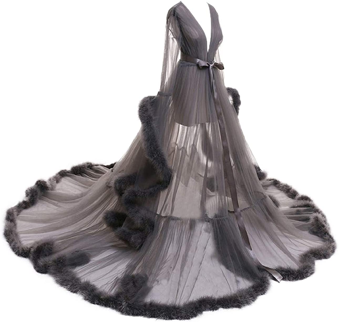 Price:$89.90 Women Feather Robe Fur Robe Long Wedding Scarf Illusion Nightgown Robe Sheer Bathrobe Sleepwear Gray at Amazon Women’s Clothing store
