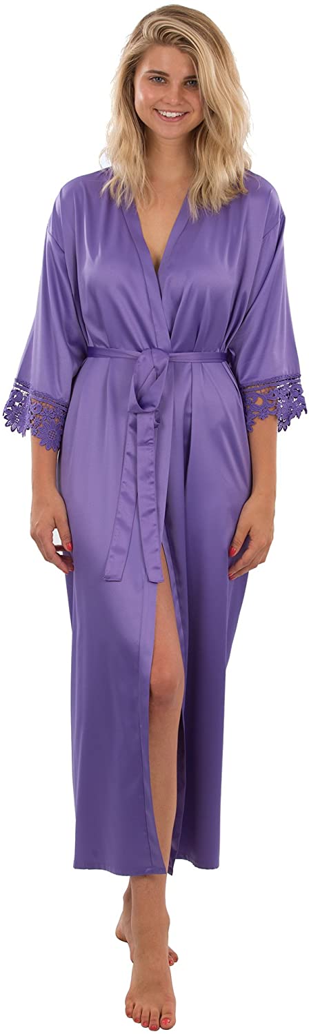 Price:$29.95 VEAMI Clementine Lace Satin Robe, Lightweight Robe for Women, Long at Amazon Women’s Clothing store