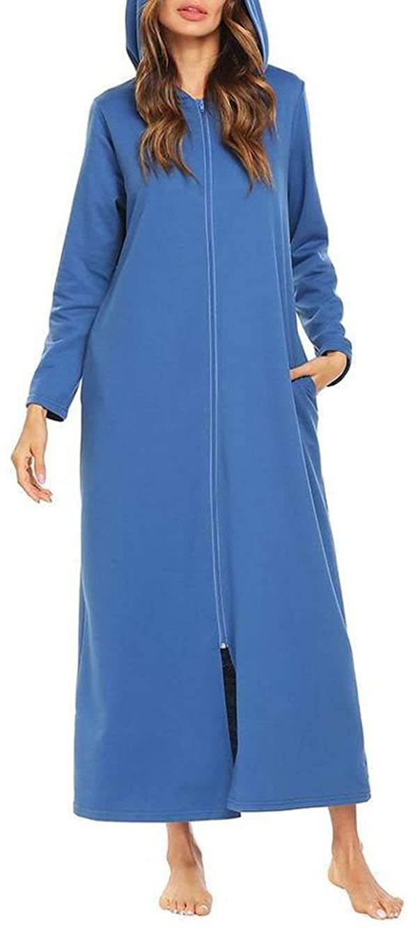Price:$43.45 Women Sleepwear Long Robe Long Sleeve Dressing Gown Zip-Front Hooded Bathrobe at Amazon Women’s Clothing store