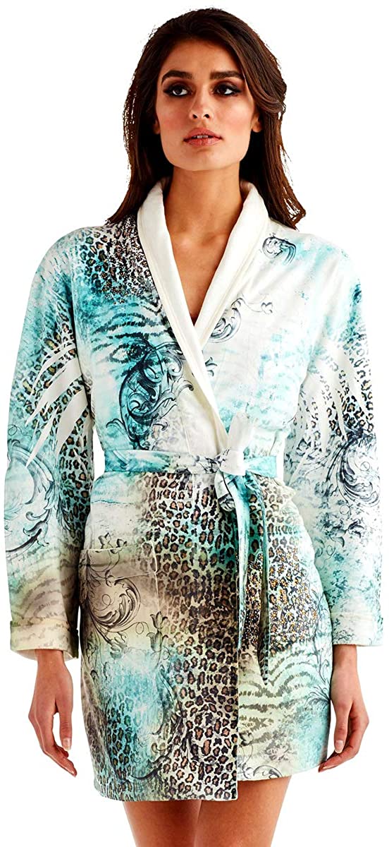 Price:$279.99 Wrap Up by VP Victorian Jungle Turquoise Leopard Print Microfiber Short Robe, S/M at Amazon Women’s Clothing store