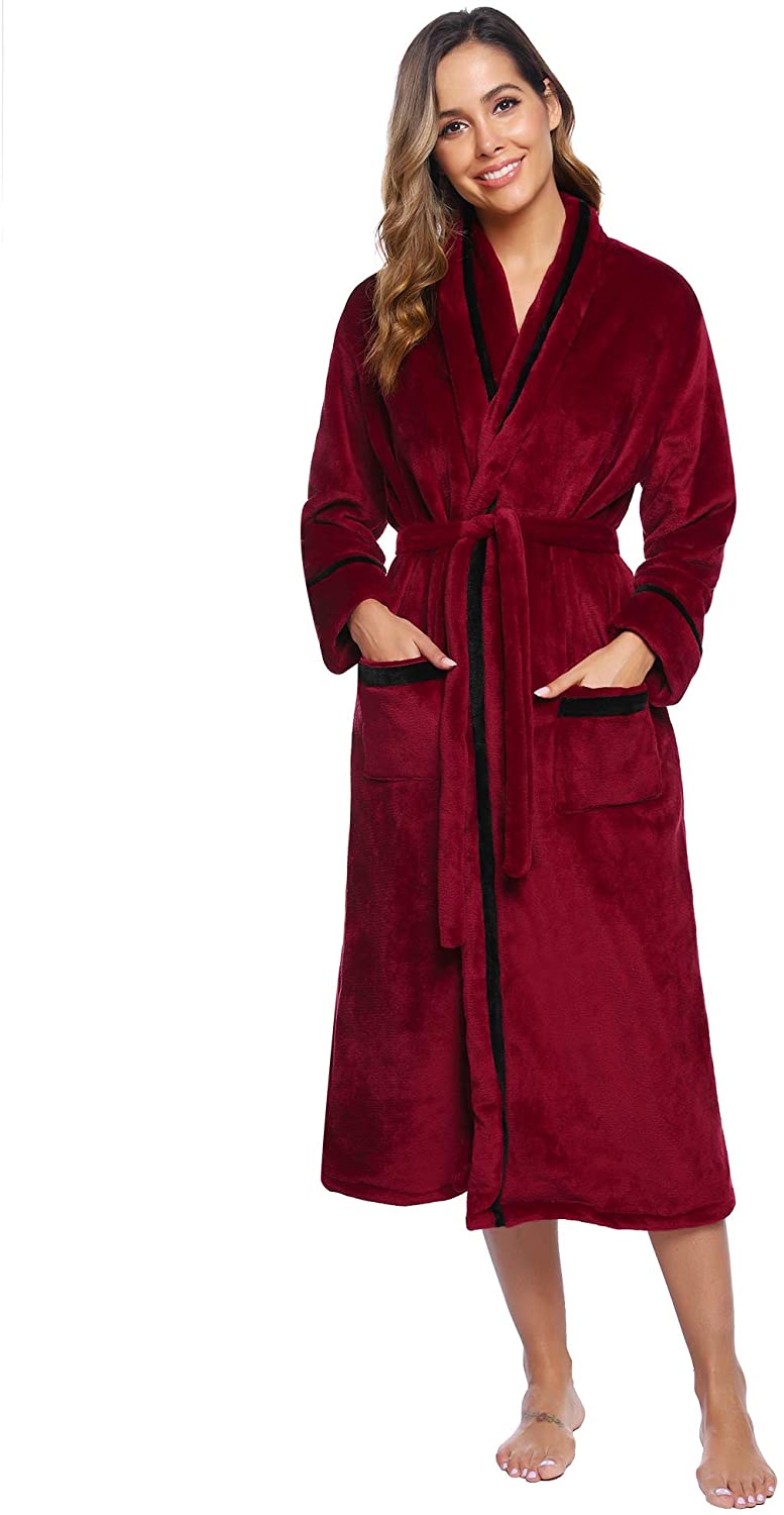 Price:$34.98 Aibrou Women's Plush Fleece Robe with Waist Belt Women Long Robe Bathrobe Winter housecoats Wine Red at Amazon Women’s Clothing store