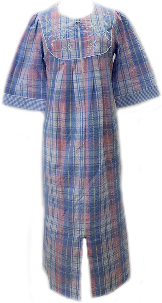 Price:$65.00 Miss Elaine New Blue Pink Plaid Seersucker Long Sleeve Robe at Amazon Women’s Clothing store