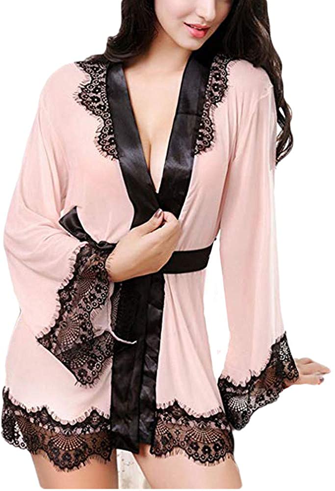 Price:$6.12 iLOOSKR Seductive Women's Sexy Lace Patchwork Long-Sleeved Pajamas Bathrobe Underwear Belt at Amazon Women’s Clothing store